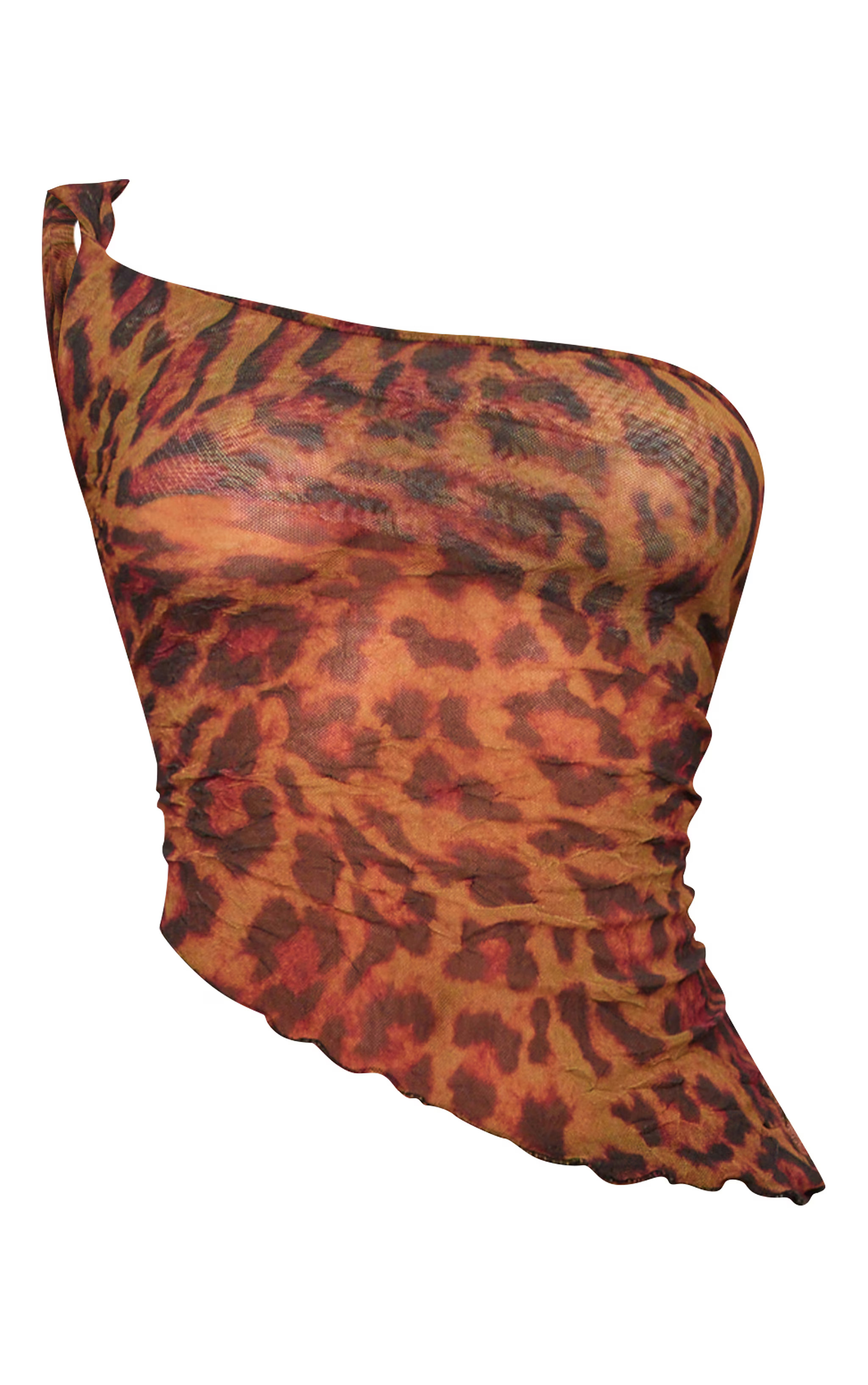 Petite Leopard Print Crushed Mesh One Shoulder Top | PrettyLittleThing US