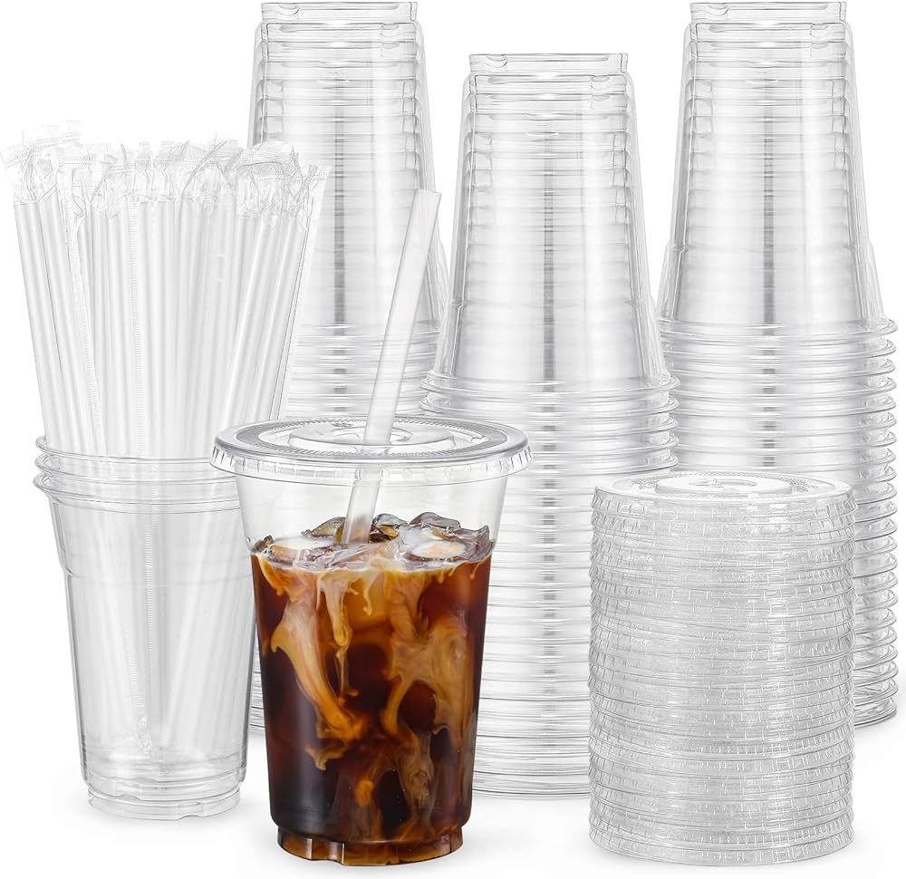VITEVER [100 Sets - 16oz] Plastic Cups with Lids and Straws, Disposable Cups for Iced Coffee, Smo... | Amazon (US)