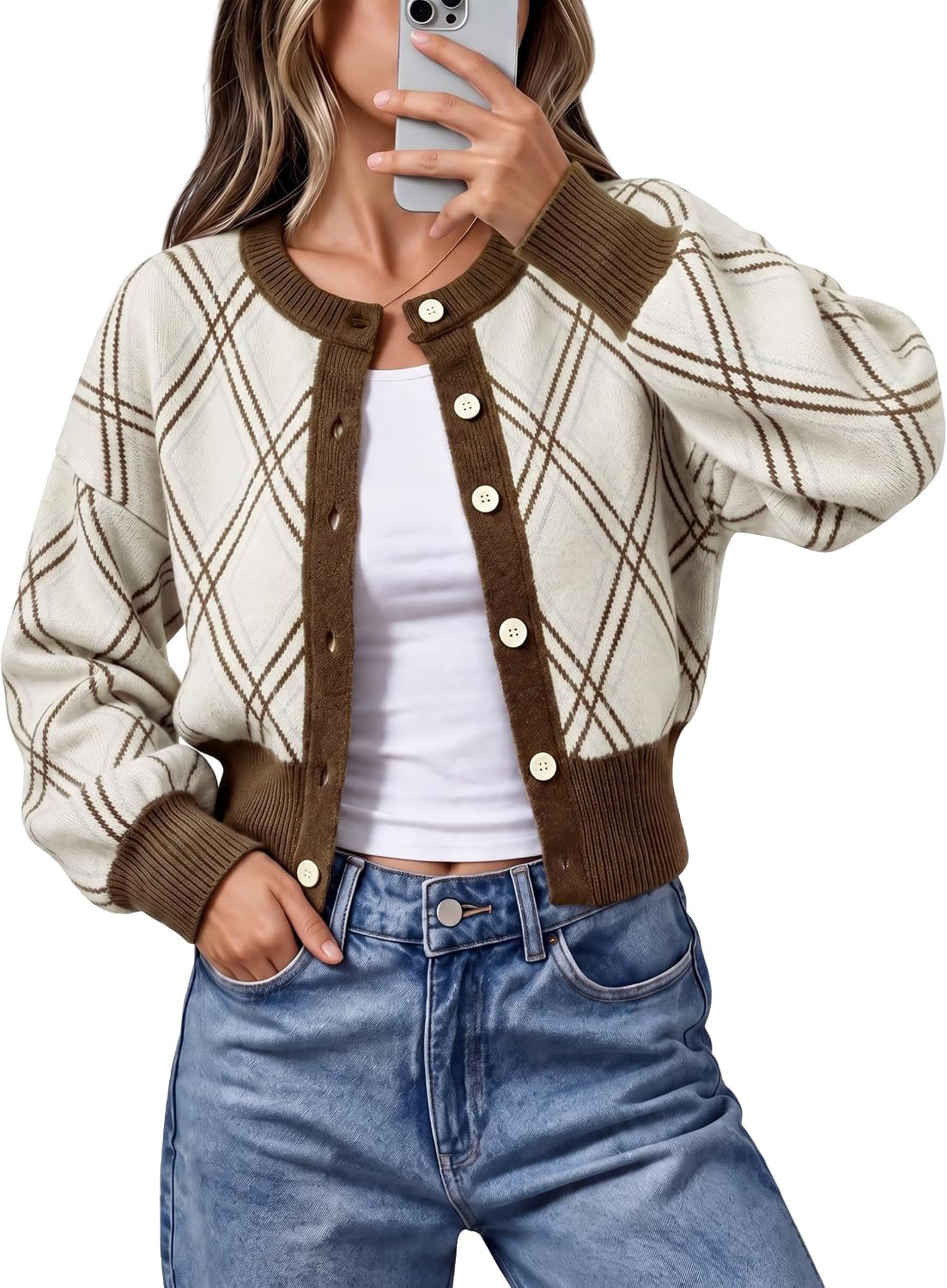Tankaneo Womens Cropped Argyle Plaid Cardigan Sweater Preppy Outfits | Amazon (US)
