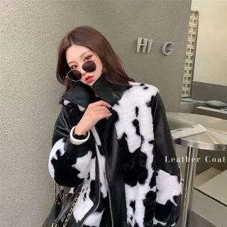 Faux Leather Cow Print Zipped Jacket Black & White - One Size | YesStyle Global