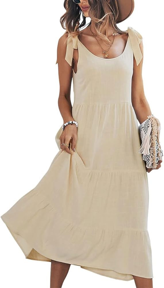 Women's Summer Adjustable Spaghetti Strap Solid Ruffle Swing Midi Dress | Amazon (US)