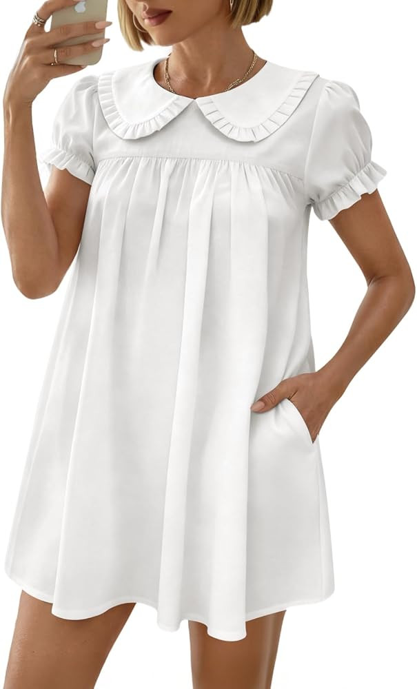 Women's Cute Babydoll Mini Dress Peter Pan Collar Ruffle Short Sleeve Pleated A Line Dresses 2026... | Amazon (US)
