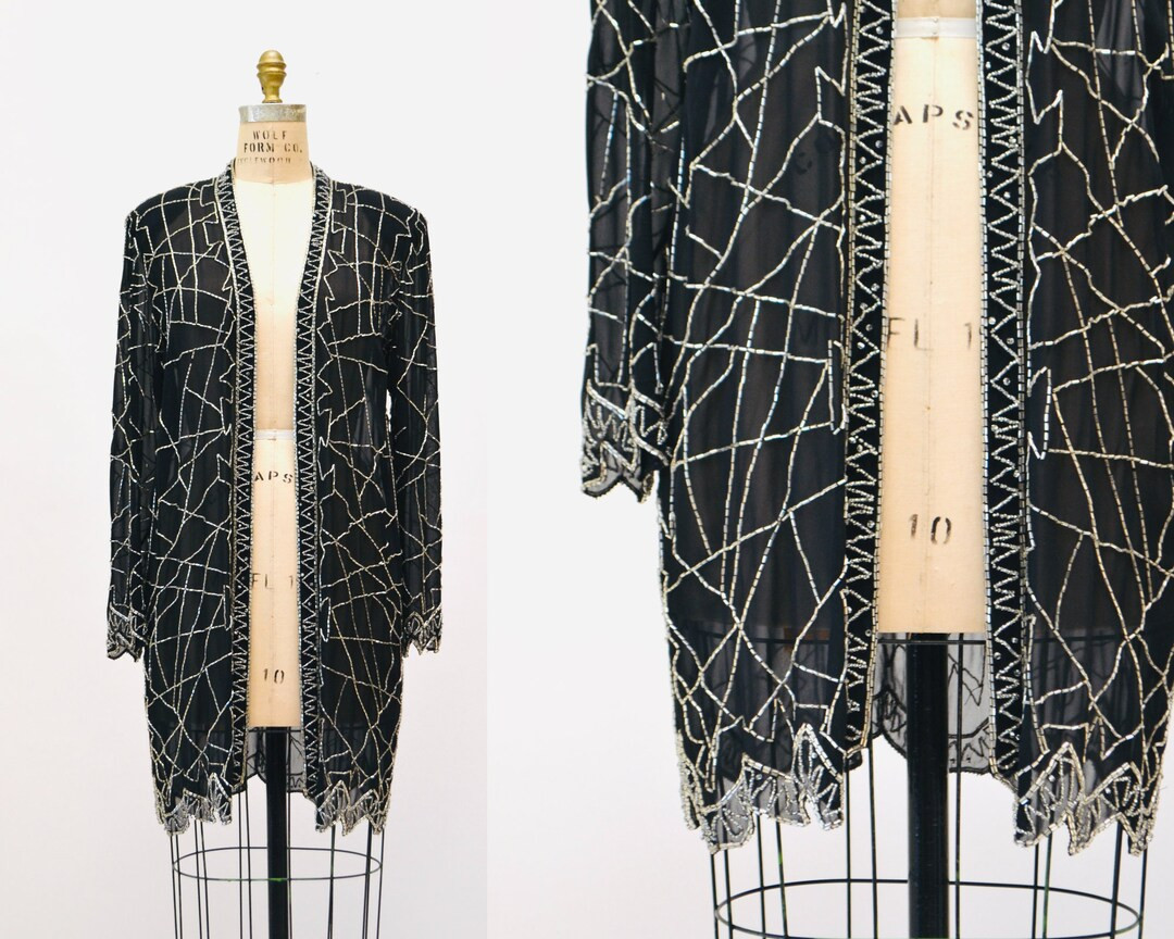 90s Vintage Black Beaded Silk Chiffon Duster Jacket Black Beaded Sheer Black Top Long Sleeves Bea... | Etsy (US)