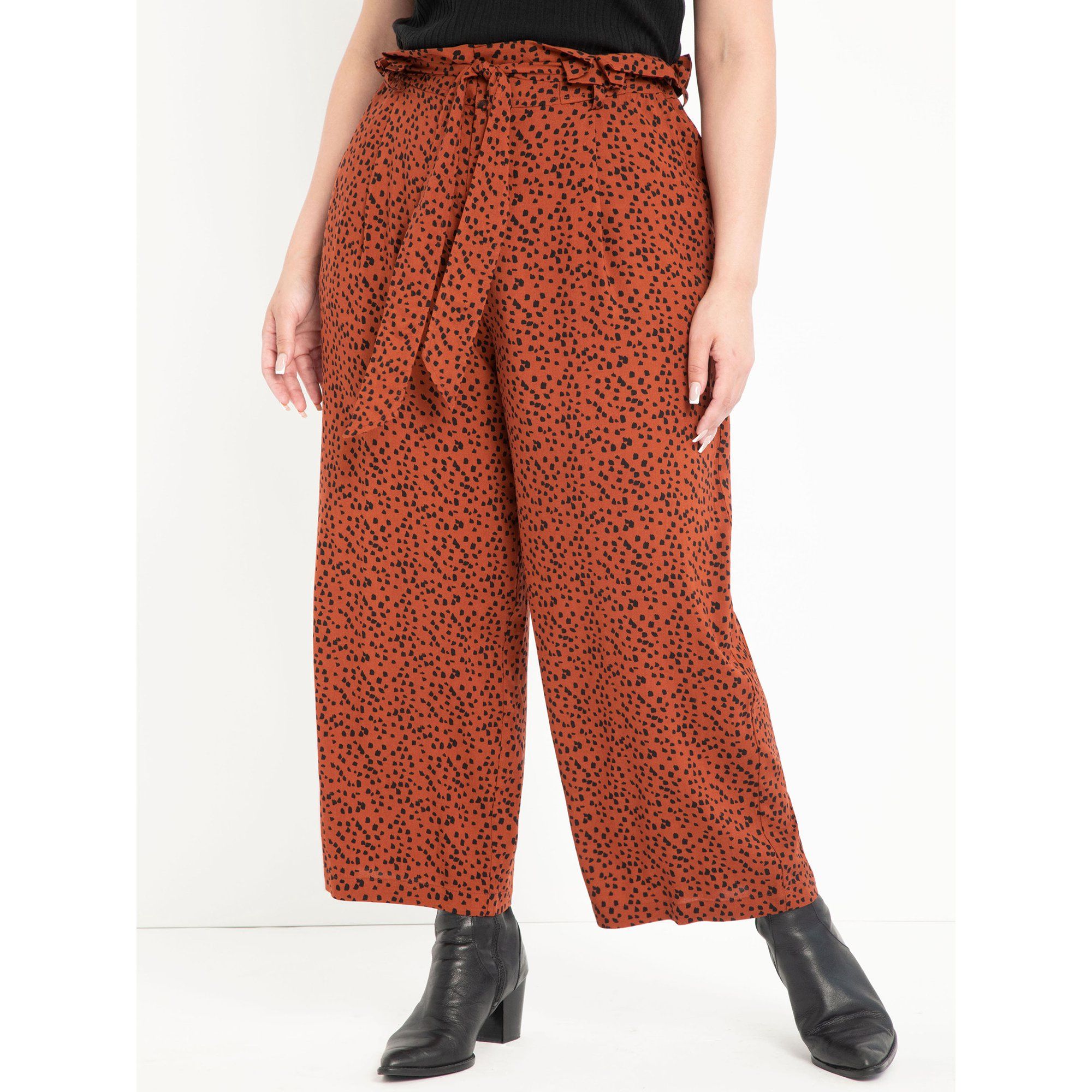 ELOQUII Elements Women's Plus Size Graphic Dot Print Paper Bag Waist Wide Leg Crop Pants | Walmart (US)