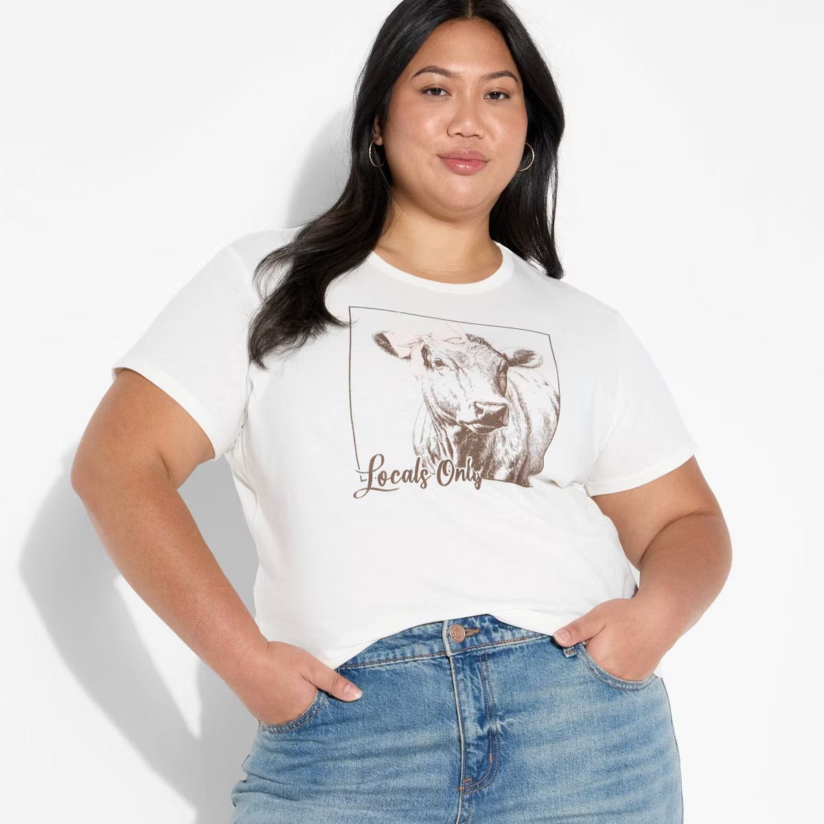 Women's Locals Only Cow Short Sleeve Shrunken Graphic T-Shirt - Off-White | Target