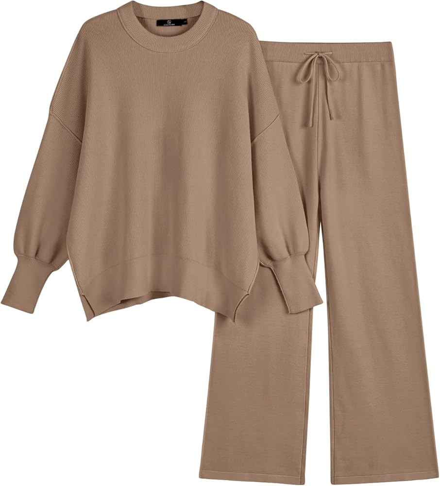 LILLUSORY Women 2 Piece Outfits Sweatsuit Oversized Knit Pullover Sweater Tops Wide Leg Pants Lou... | Amazon (US)