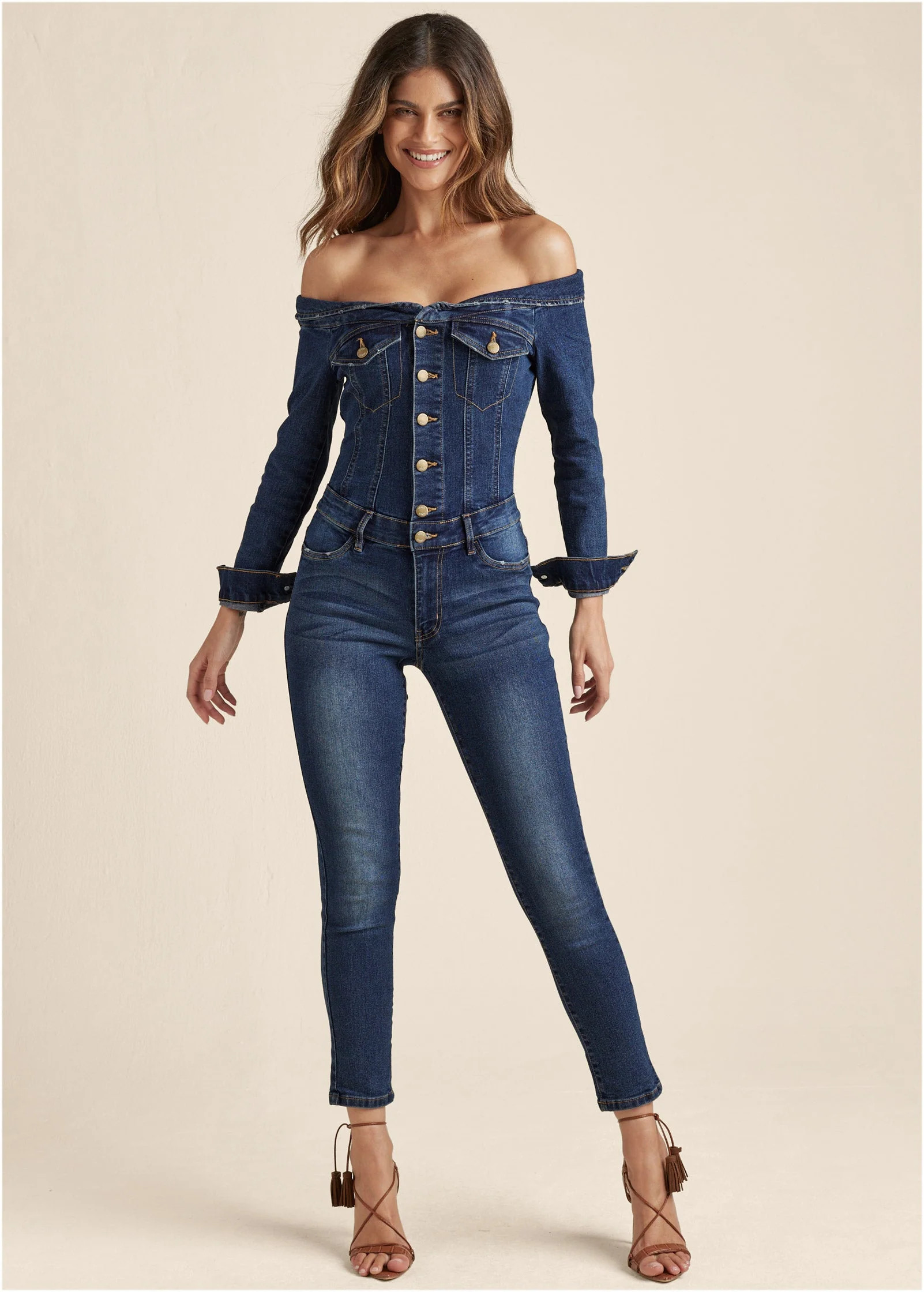 Off-The-Shoulder Denim Jumpsuit - Dark Wash | VENUS