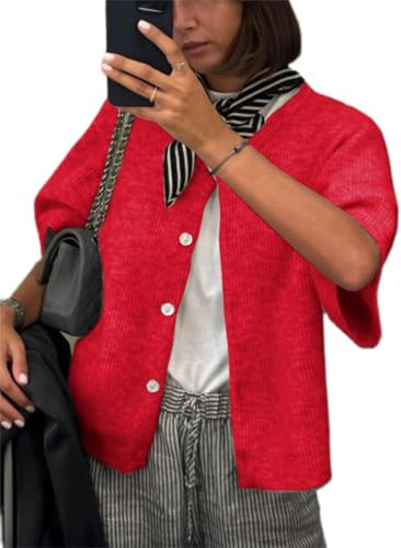 Women’s Knitted Short Sleeve Cardigan Sweater Button Down Top Red S | Amazon (US)