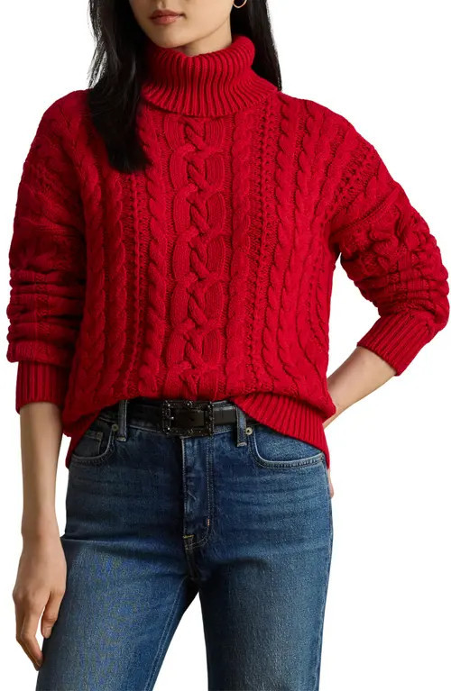 Lauren Ralph Lauren Turtleneck Cable Knit Sweater in Ralph Red at Nordstrom, Size X-Small | Nordstrom