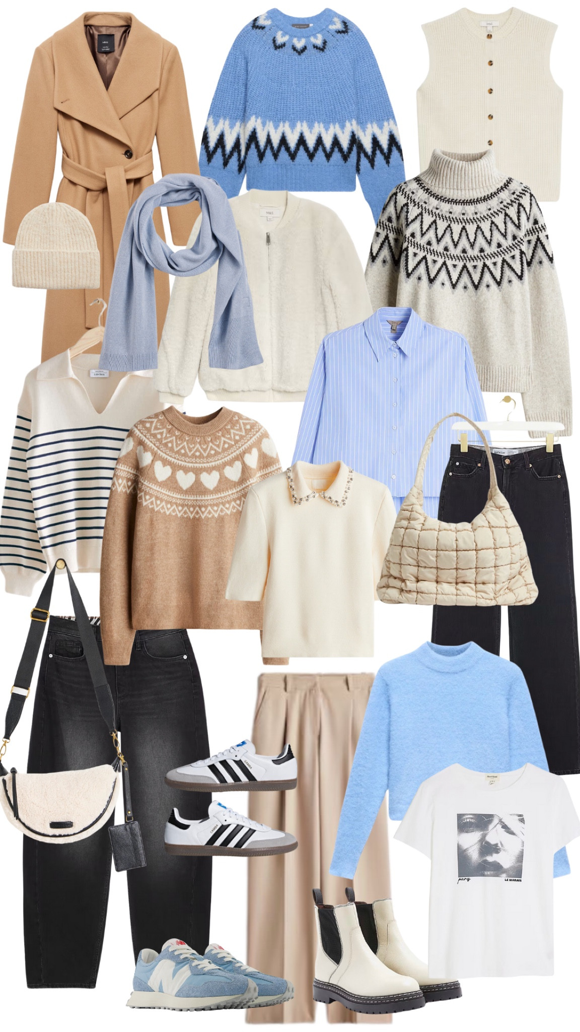 Blue and camel colour combination . The perfect colour pairing for those of you not wanting to buy into the burgundy trend. Carry this colour combination into your transitional spring wardrobe and it will still feel fresh and current. Key pieces include the camel wool trench, fair-isle knit, wide leg camel trousers and barrel leg washed denim. 

Outfit ideas | colour palette ideas | blue and camel outfits | casual outfit ideas  

#LTKwinter #LTKstyletip #LTKuk