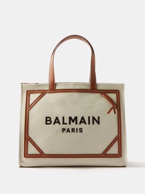 Balmain - B-army Leather-trim Canvas Tote Bag - Womens - Tan White | Matches (US)