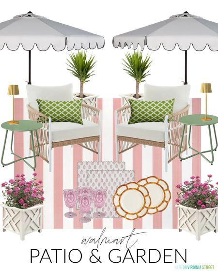 Loving these Walmart outdoor furniture finds! I’m sharing a bunch of design boards today including this Palm Beach inspired pink and green patio with white scalloped umbrellas, outdoor armchairs, pink striped outdoor rug, green metal side tables, green trellis outdoor pillows, chippendale planters, gold cordless lamps, pink acrylic goblets, bamboo style melamine plates, block print place mats, and more! See more design ideas here: https://lifeonvirginiastreet.com/walmart-outdoor-furniture-design-boards/.
.
#ltkhome #ltkseasonal #ltksalealert #ltkstyletip #ltkfindsunder100 #ltkfindsunder50 patio decor, outdoor decor, patio conversation set, Serena & Lily look for less, Palm Royale outdoor furniture 

#LTKHome #LTKSaleAlert #LTKSeasonal