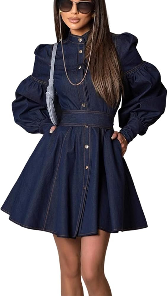 utcoco Women's Belted Bishop Sleeve Denim Mini Dress A Line Swing Jean Dress 2026 Fashion Oufits | Amazon (US)
