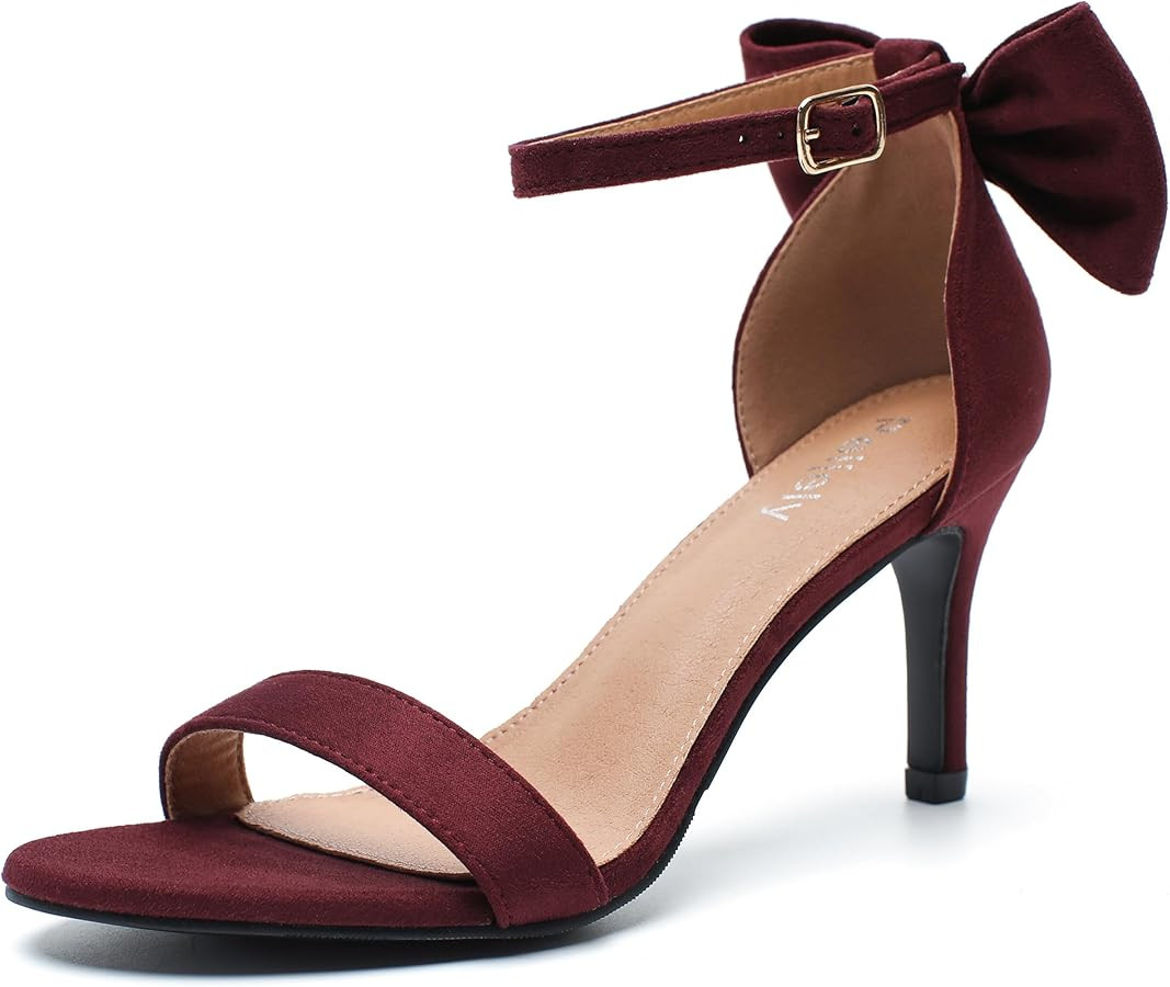 Women's Bow Knot Ankle Strap Heeled Sandals, Round Open Toe, Mid Kitten Heels, Bride Wedding Part... | Amazon (US)