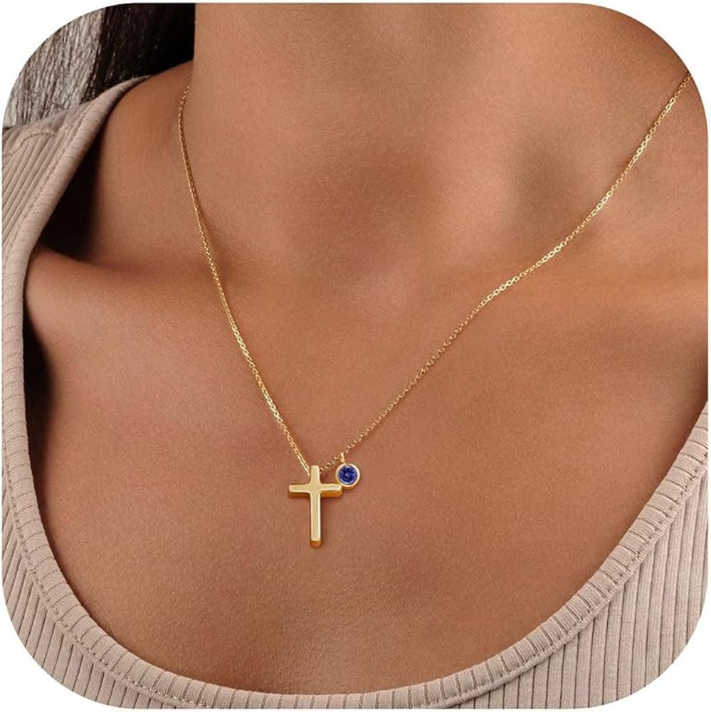 Turandoss Cross Birthstone Gold Necklace for Women Teen Girls - 14K Gold Plated Dainty Cross Pend... | Amazon (US)