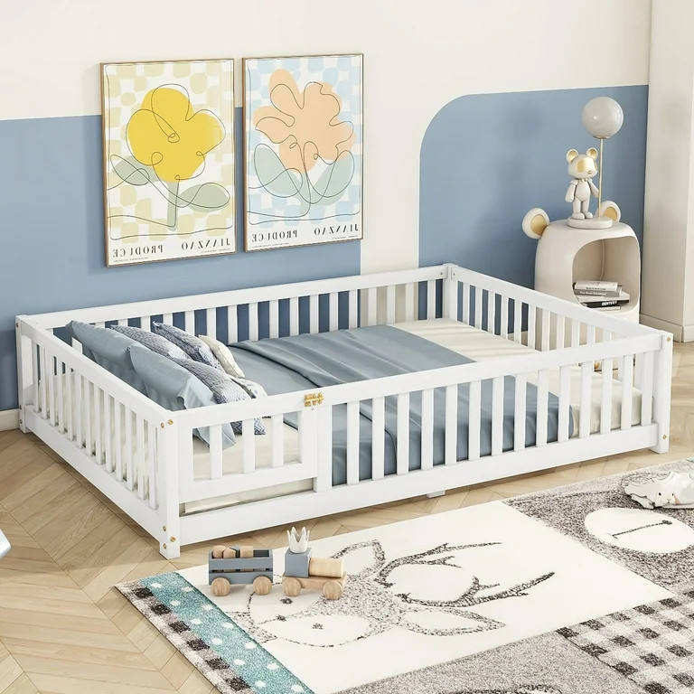 Bellemave Floor Bed with Door and Fence Full Kids Fence Toddler Bed, White | Walmart (US)