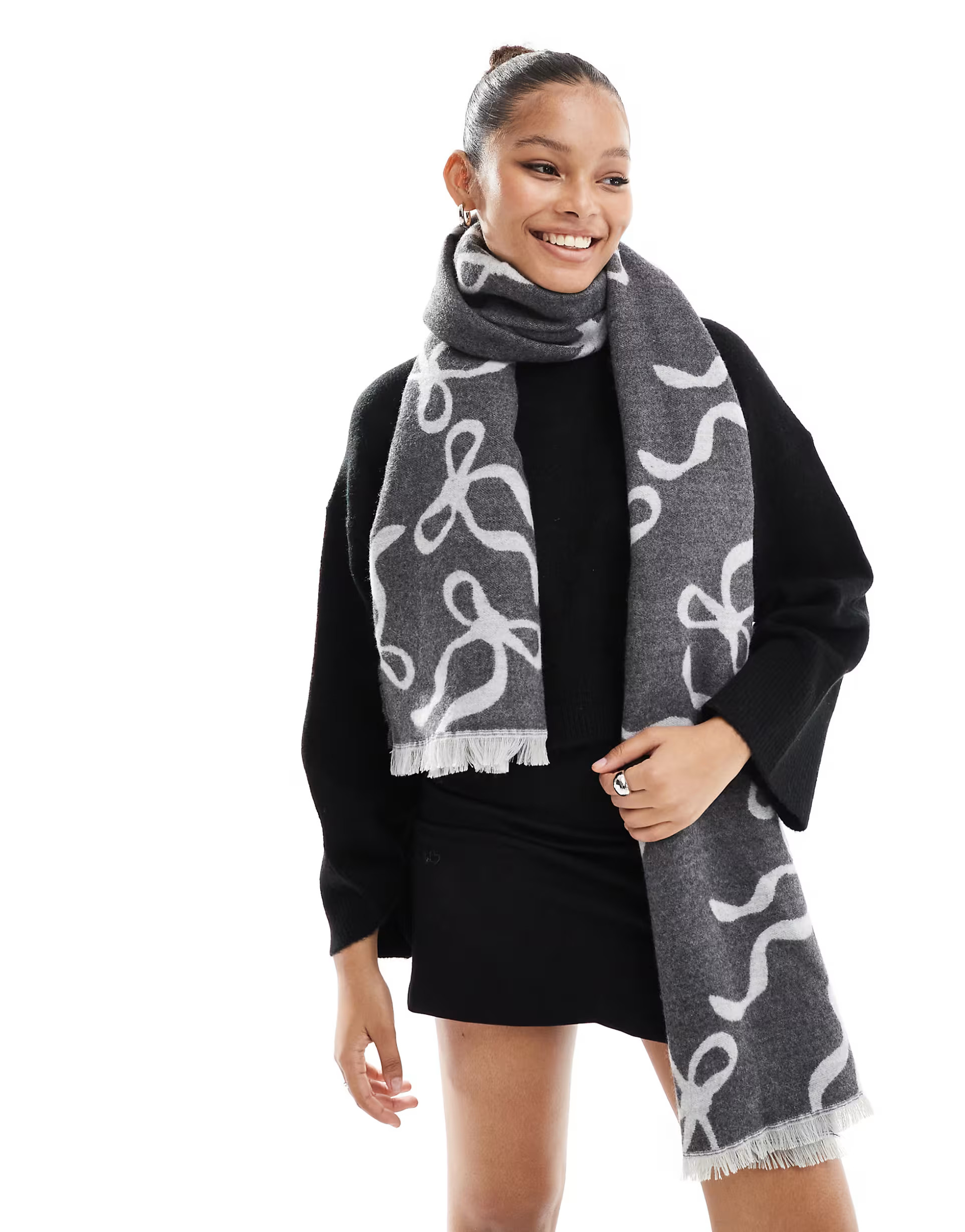 ASOS DESIGN abstract bow jacquard woven scarf in gray | ASOS (Global)