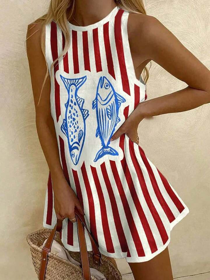 SHEIN EZwear Women Casual Minimalist Vacation Vintage Striped Fish Print Short Dress, Suitable For Summer Red White Blue Dress Red White And Blue Dress Fish Print Dress Striped Dress Nautical Dress | SHEIN