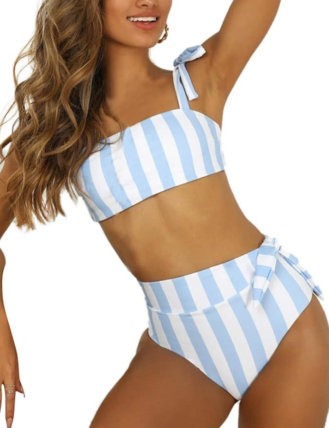 Blooming Jelly Womens High Waisted Bikini Set Tie Knot Bathing Suit Striped Hi Rise Two Piece Swi... | Amazon (US)