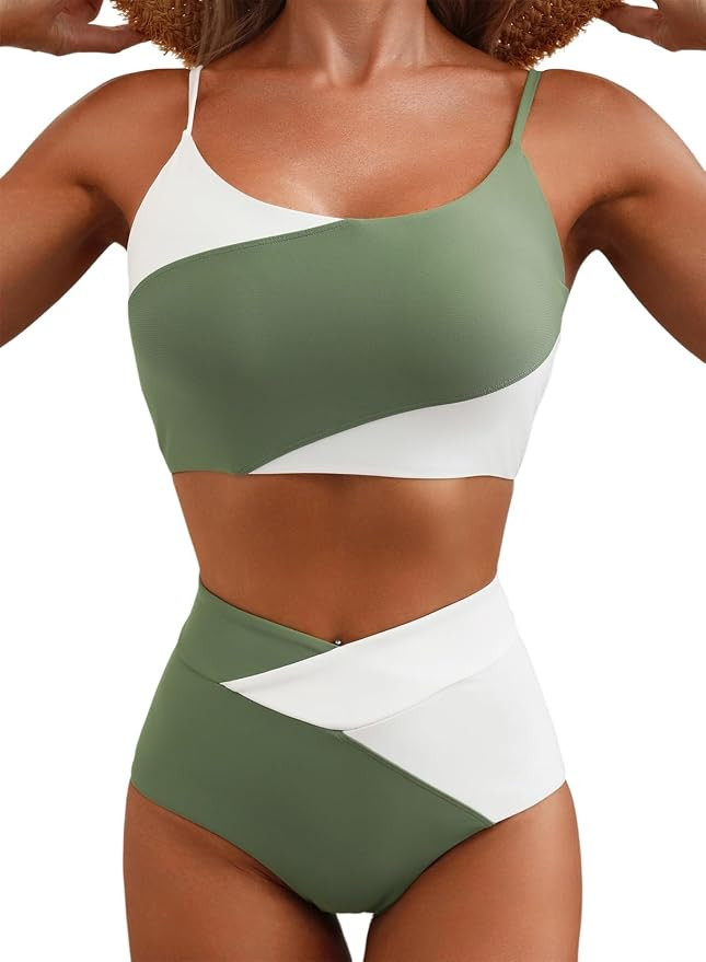 Women 2 Piece High Waisted Bikini Sets Color Block Popular Swimsuit 2026 Summer Beach Best Bathin... | Amazon (US)