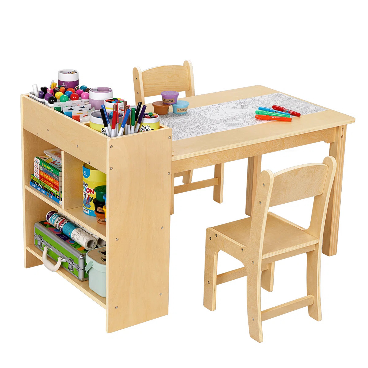 Kids Art Table And 2 Chairs, Toddler Activity Table With Large Storage Shelves | Wayfair North America