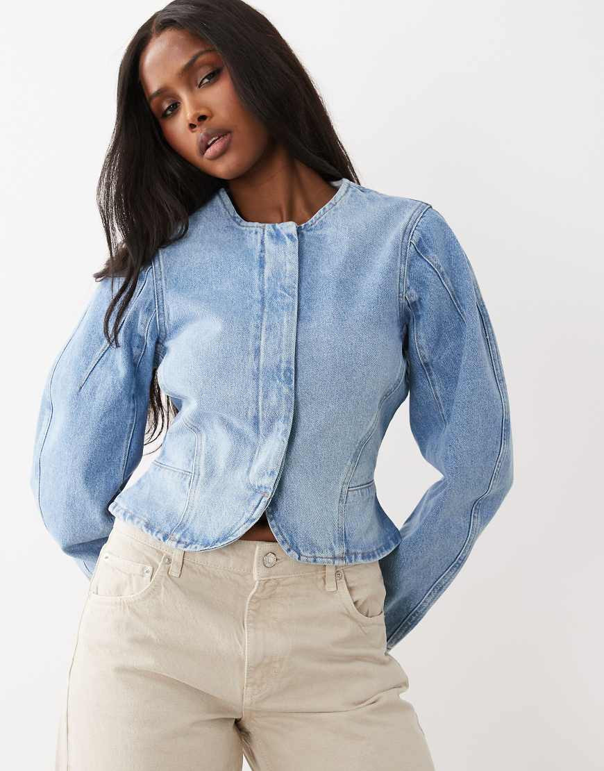 ASOS DESIGN denim cinched barrel sleeve jacket co ord in mid blue | ASOS (Global)