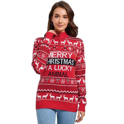 Women's Christmas Half Zip Sweater - Reindeer Pattern Funny Graphic Knit Pullover Red XL | Target