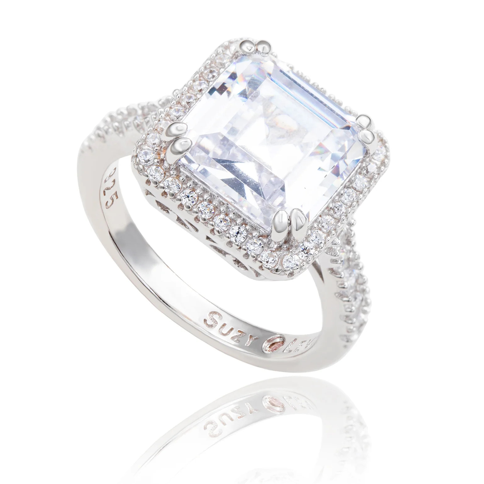 Suzy Levian Sterling Silver White Assher Cubic Zirconia Engagement Rin | SUZY LEVIAN