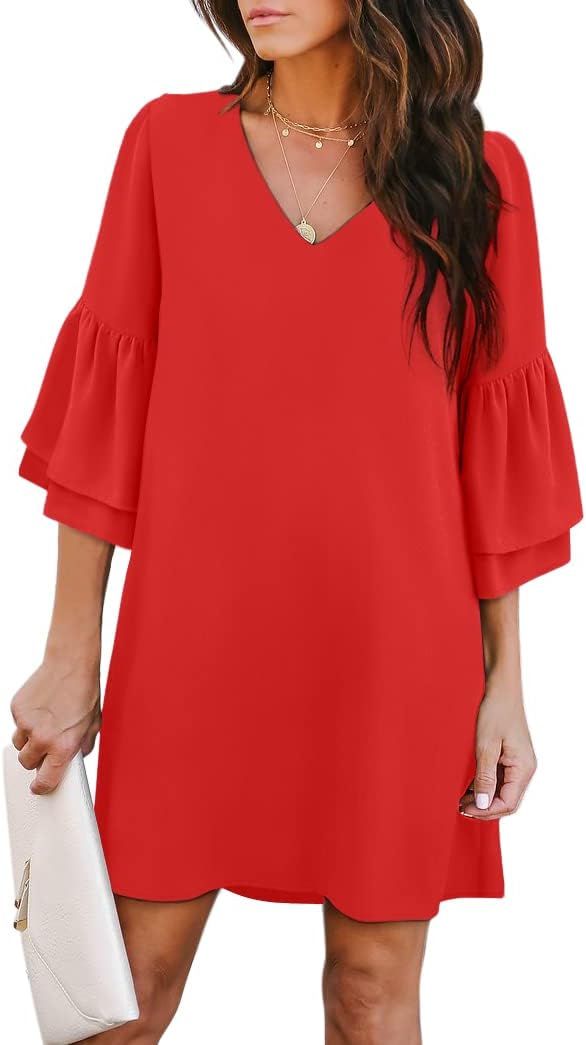 BELONGSCI Women's Dress Sweet & Cute V-Neck Self Tie 3/4 Sleeve Casual Loose Shift Dress Mini Dre... | Amazon (US)