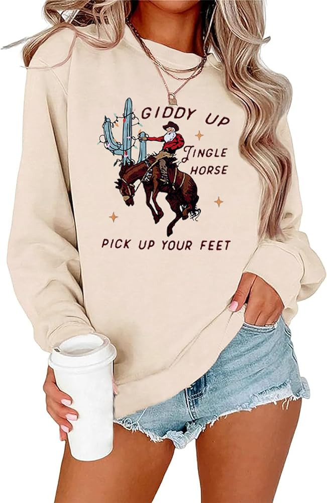 Howdy Country Christmas Sweatshirt Women Giddy Up Jingle Horse Pick Up Your Feet Retro Christmas ... | Amazon (US)
