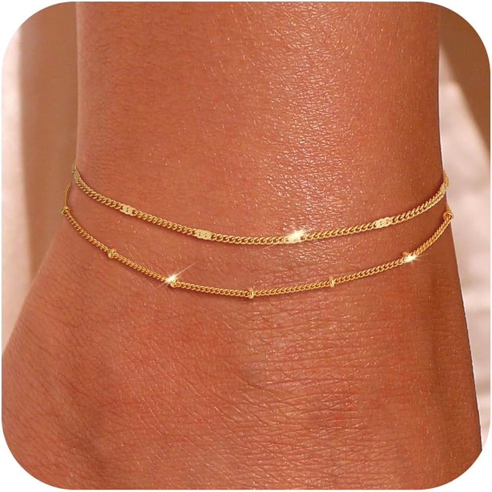 Ankle Bracelet for Women - 14K Gold Plated Ankle Bracelets Waterproof Cuban Link Heart Beads Herr... | Amazon (US)