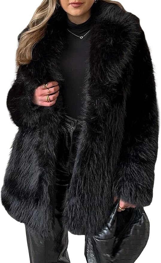 Wyeysyt Womens Faux Fur Coat Long Fluffy Shaggy Jacket Lapel Winter Furry Coats Fuzzy Outerwear | Amazon (US)