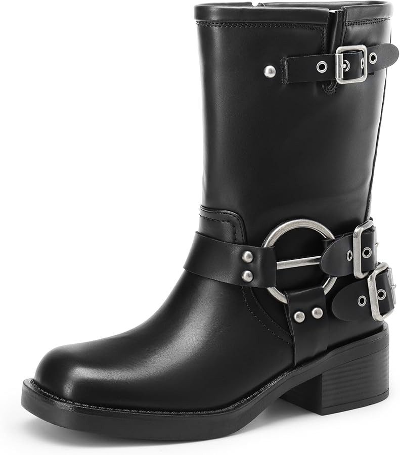DREAM PAIRS Mid Calf Boots for Women, Square Toe Motorcycle Boots with Buckles, Women's Riding Bi... | Amazon (US)