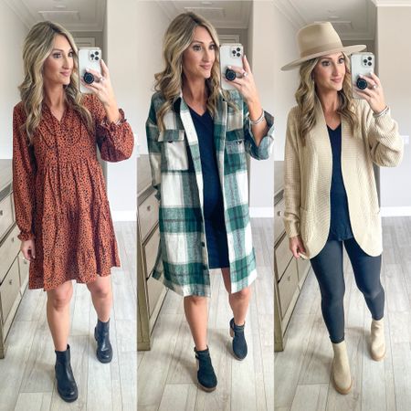 Amazon fall fashion. Fall dress. Shacket. Cardigan. All come in more colors. Faux leather leggings. Boots. Casual. Comfy. Mom style. Bump friendly

#LTKSeasonal #LTKunder50 #LTKshoecrush