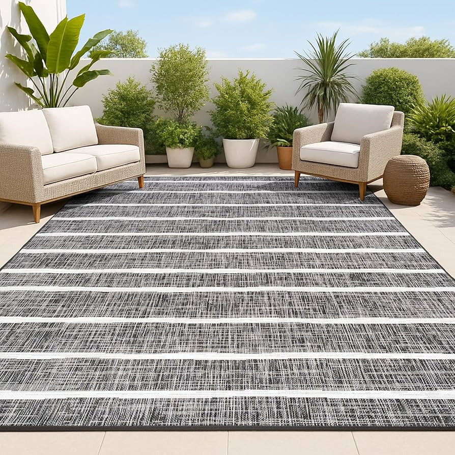 JONATHAN Y Berber Stripe Indoor Outdoor Area Rug 4X6 Black/Ivory, Colonia for Backyard, Patio, Po... | Amazon (US)