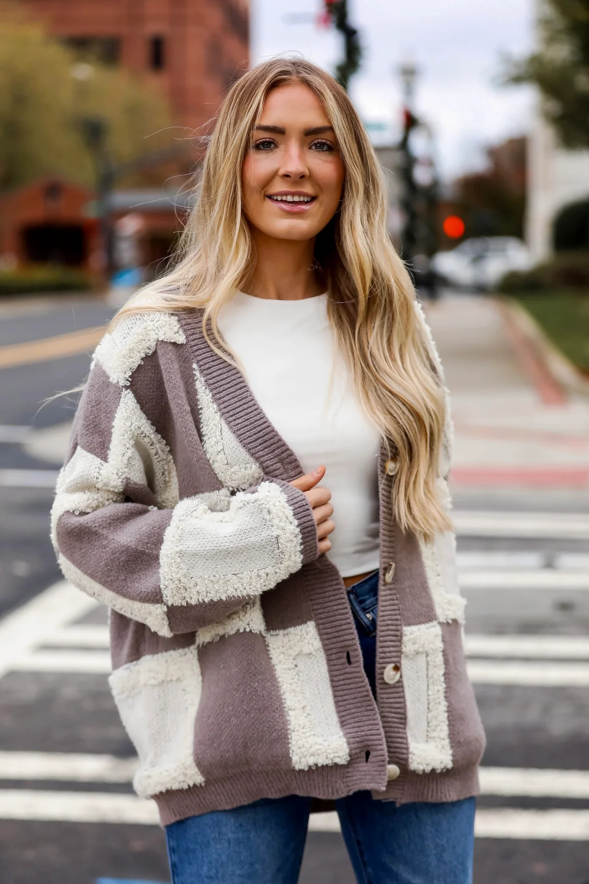 Wanna Be Close Mocha Checkered Sweater Cardigan | Dress Up