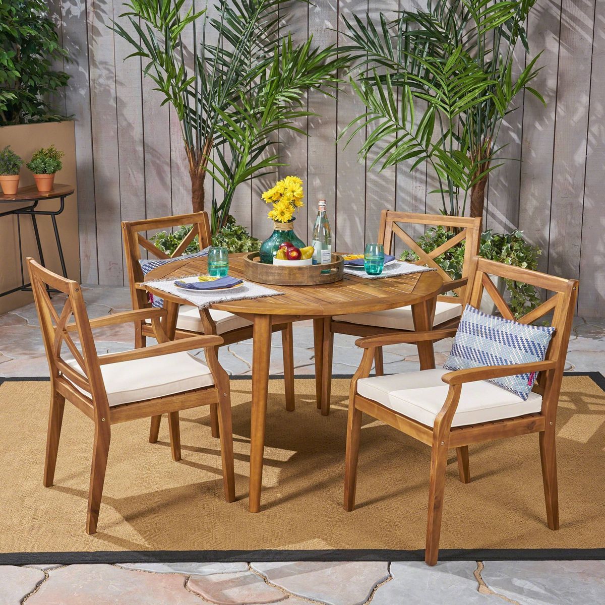 Pines 5pc Acacia Wood Outdoor Dining Set - Teak/Cream - Christopher Knight Home, Weather-Resistan... | Target