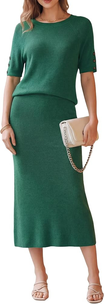 Arach&Cloz Women's Wool Blend Sweater 2 Piece Sets Business Casual Short Sleeve Top Midi Dress Ou... | Amazon (US)