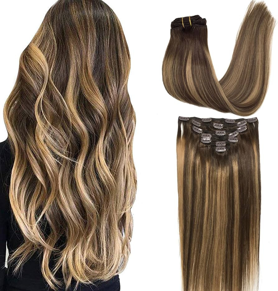GOO GOO Clip in Hair Extensions Real Human Hair, Caramel Blonde Balayage, 16 Inch | Amazon (UK)