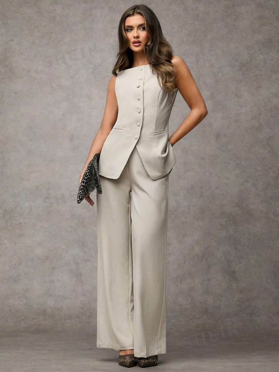 SHEIN BAE Women's Solid Color Round Neck Single-Breasted Vest And Pants Elegant Commuter Suit, Su... | SHEIN