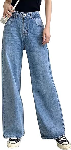 HDLTE Women Ripped Wide Leg Jeans High Waist Baggy Jeans Loose Boyfriends Jeans Blue Washed,Sky B... | Amazon (US)