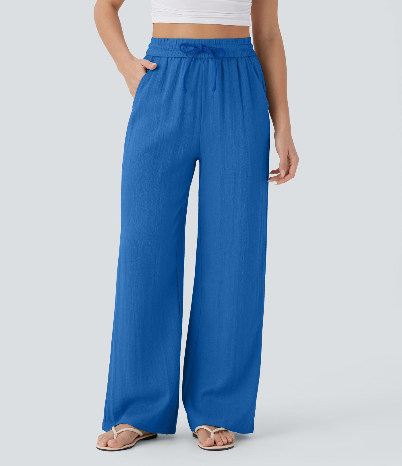 High Waisted Drawstring Pocket Wide Leg Baggy Casual Linen-Feel Pants | HALARA