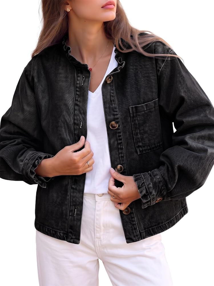 Flowyair Womens Denim Shirt Casual Button Down Long Sleeve Open Front Ruffle Fall Jean Blouses To... | Amazon (US)