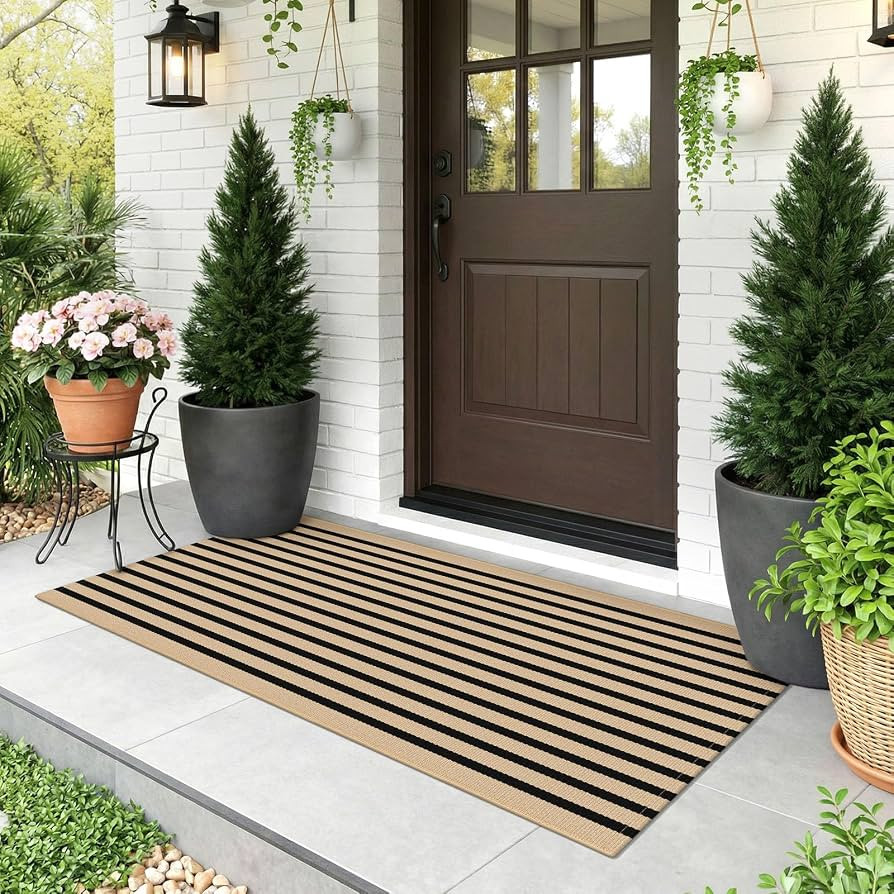 KOZYFLY Brown and Black Striped Runner Rug 2x4.3 ft Cotton Woven Washable Indoor Outdoor Doormat ... | Amazon (US)