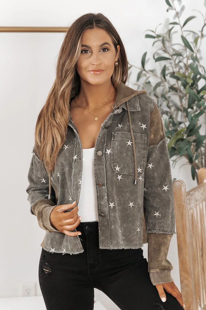 Olive Washed Star Embroidery Hooded Jacket | Magnolia Boutique | Magnolia Boutique