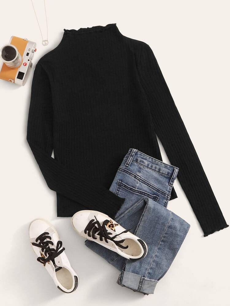 SHEIN EZwear Ribbed Mock Neck Lettuce-Edge Top | SHEIN