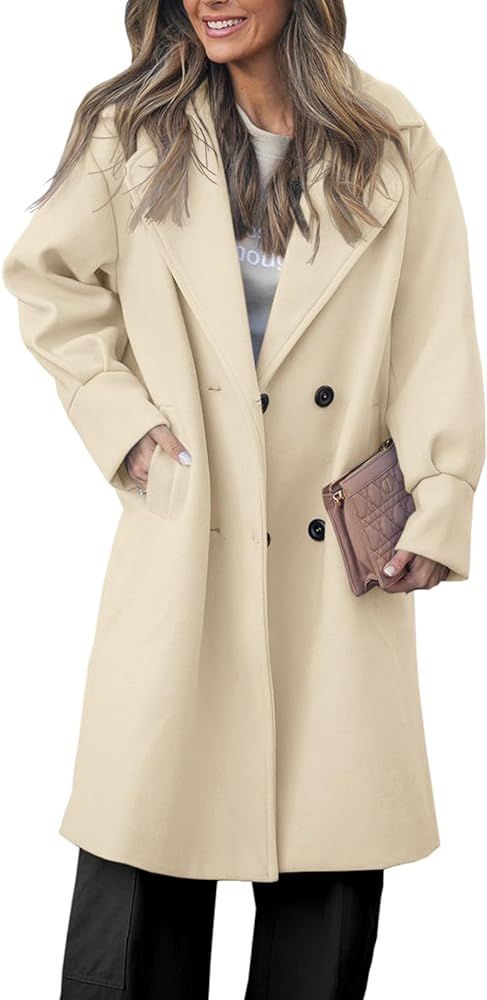 Saodimallsu Women's Classic Pea Coat Notch Lapel Double Breasted Mid Long Overcoat with Pockets | Amazon (US)