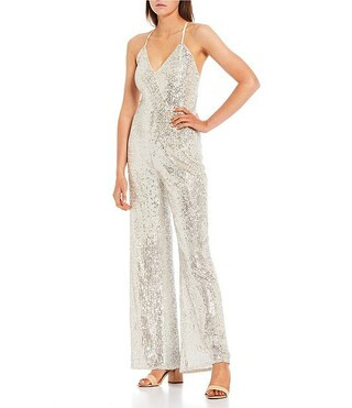 Sleeveless V-Neck Lace-Up-Back Sequin-Embellished Mesh Jumpsuit | Dillards