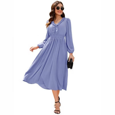 A-Line Dress for Women Fall 2025 Flounce V Neck Pleated Dress Lantern Sleeve Formal Dresses Church Dress, gray blue - L | Target