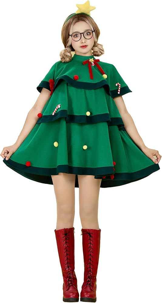 haikyuu Women Christmas Tree Cosplay Costume Xmas Cape And Skirt Outfit With Headband Green Dress Candy Cane Costume | Amazon (US)